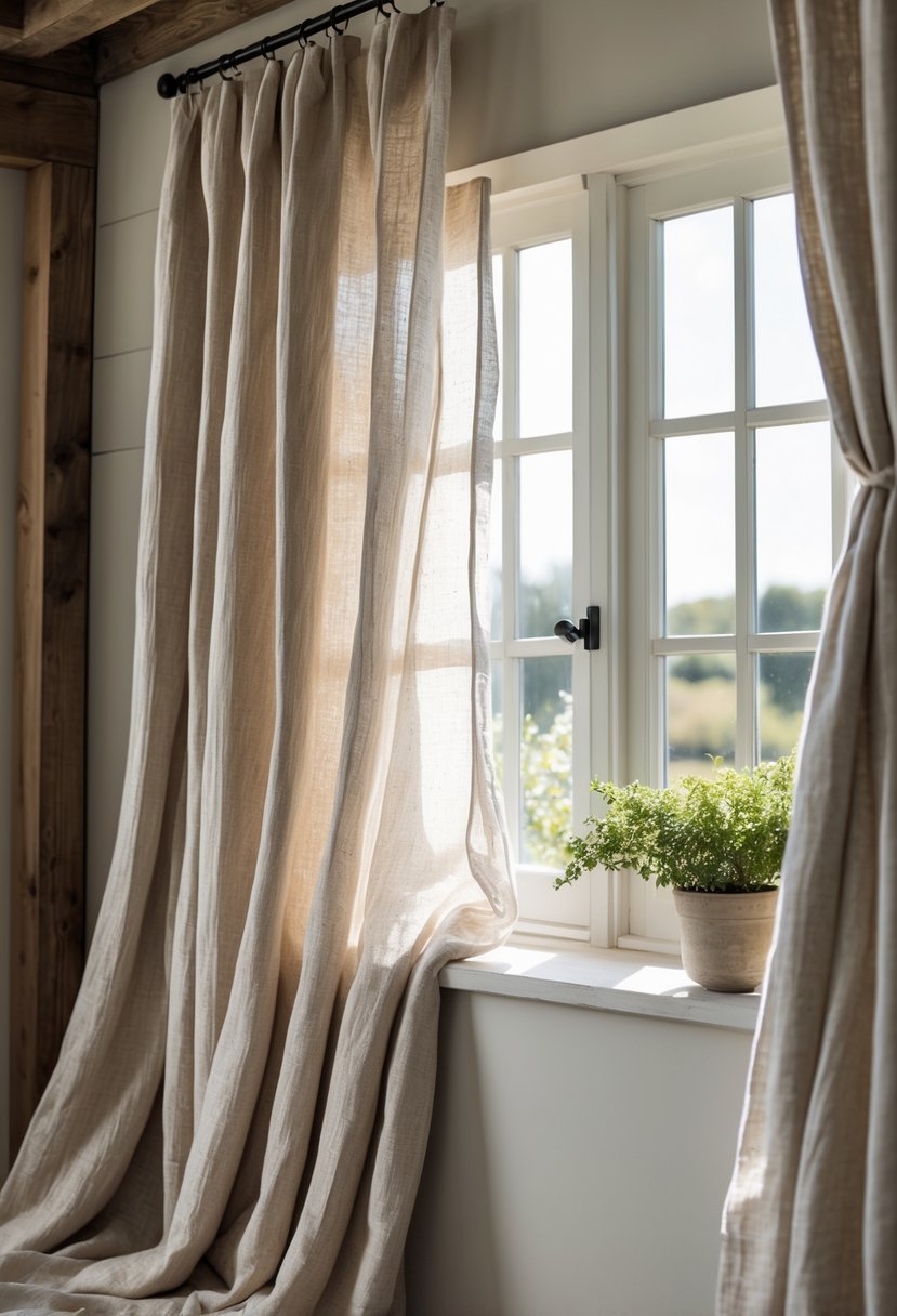 Window with soft linen curtains in muted tones letting in natural light inside a cozy room.