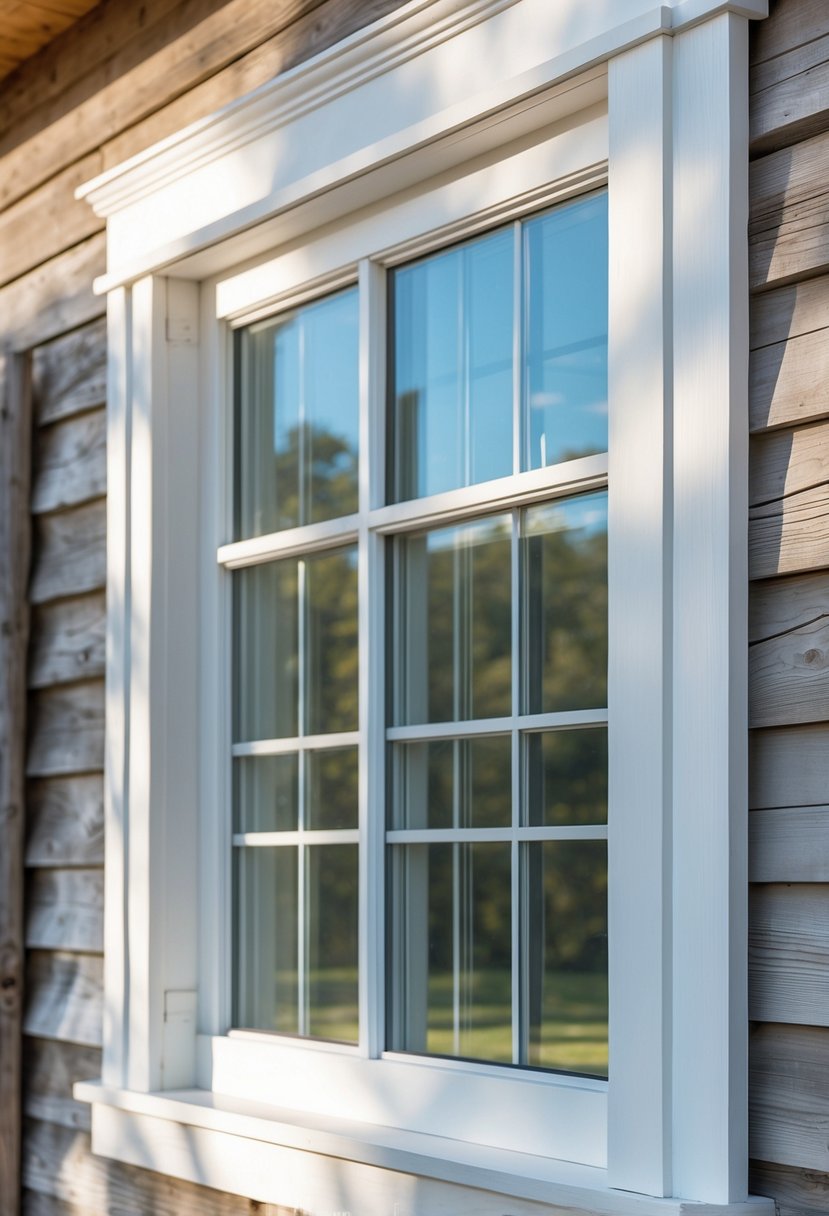 Close-up of a farmhouse window with white wooden trim and a weathered wooden exterior wall.