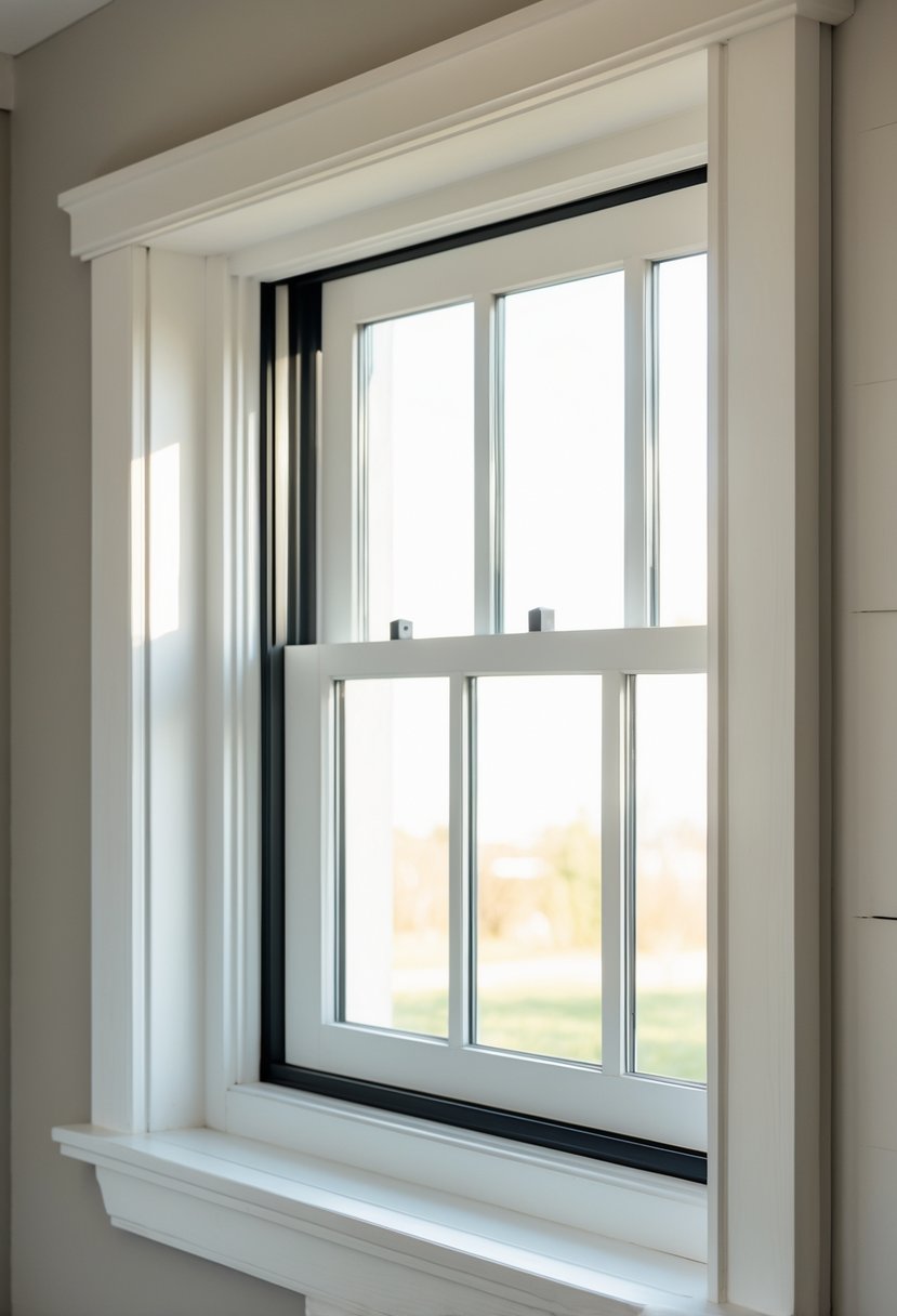 A close-up view of a window with wide, flat wooden trim painted white.