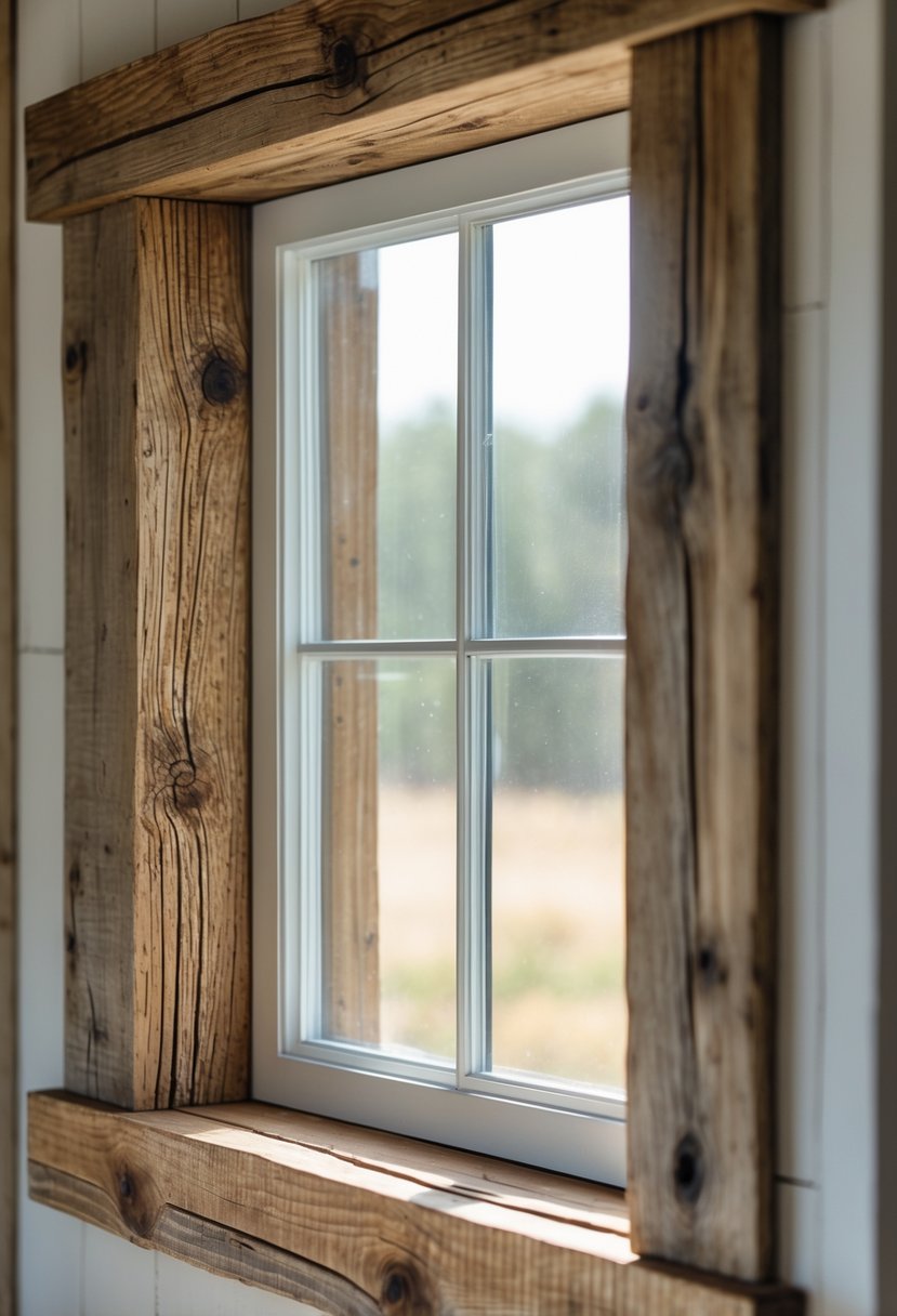 Close-up of a window framed with textured reclaimed wood trim.
