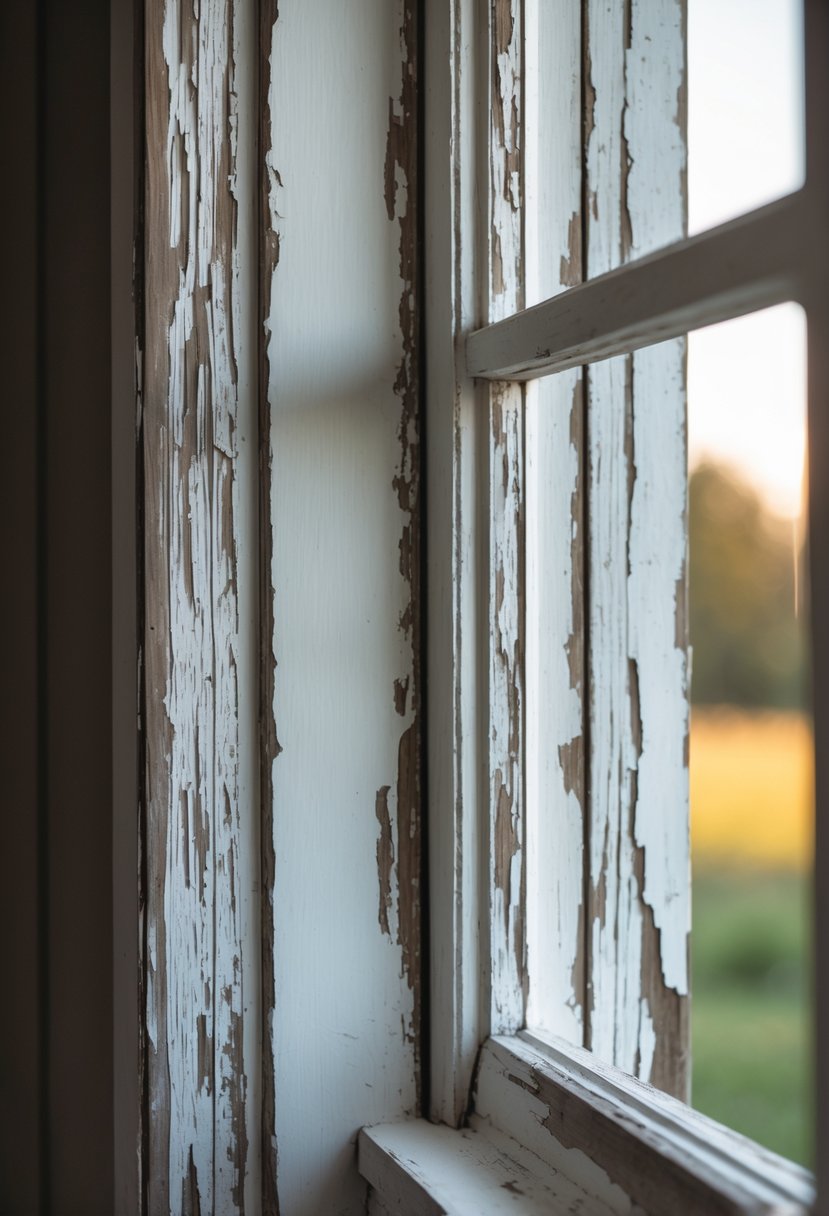 Close-up of a weathered white painted farmhouse window trim with peeling paint and visible wood texture.