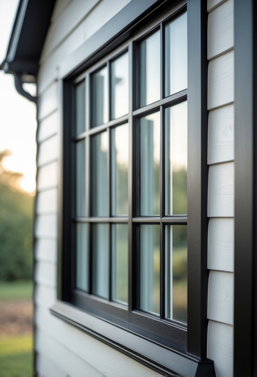Close-up of a farmhouse window with black painted trim and white siding.