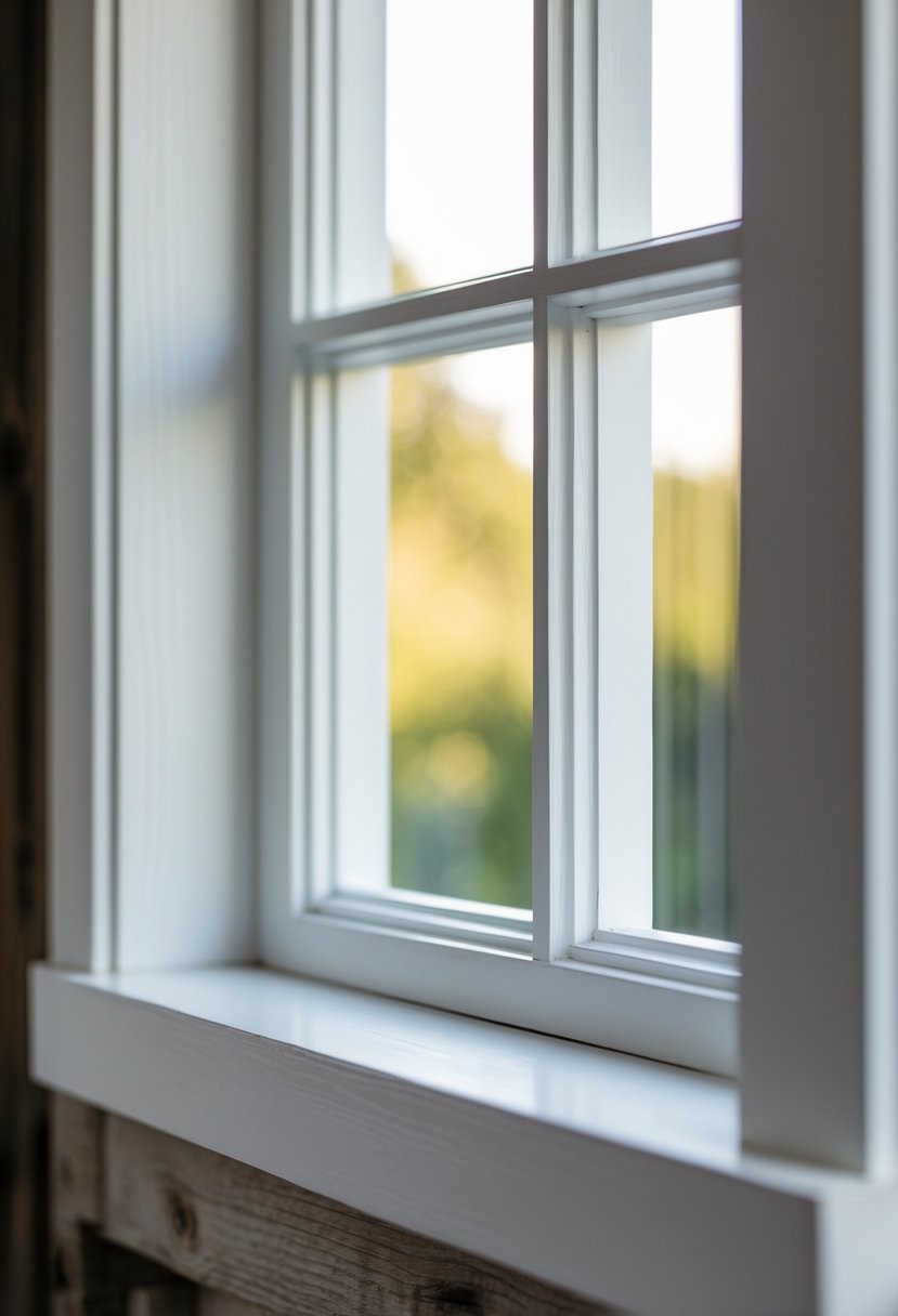 Close-up of a white wooden window frame with simple, straight trim in natural light.