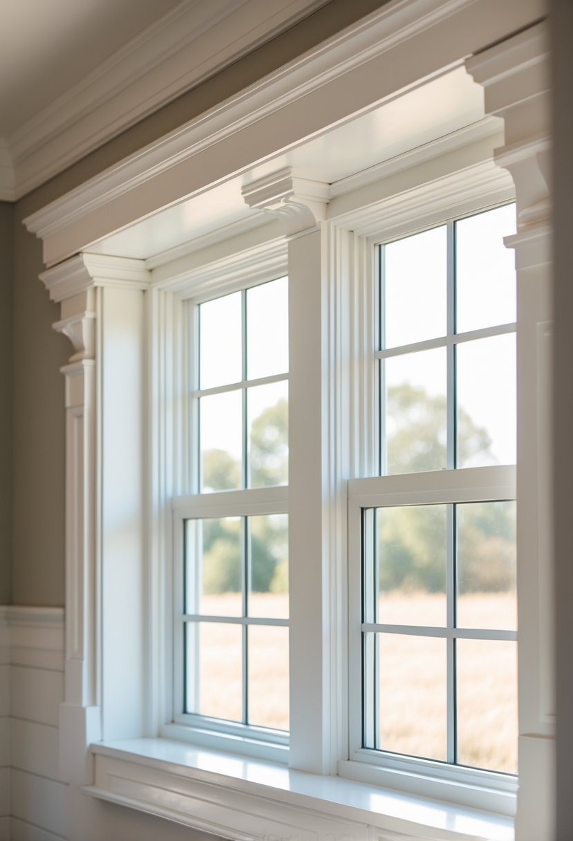 Close-up view of a window with white trim and crown molding, illuminated by natural light.