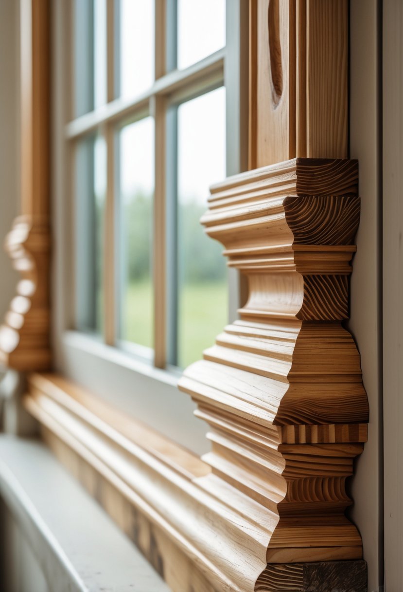 Close-up of a farmhouse window with layered wooden trim showing multiple wood profiles.
