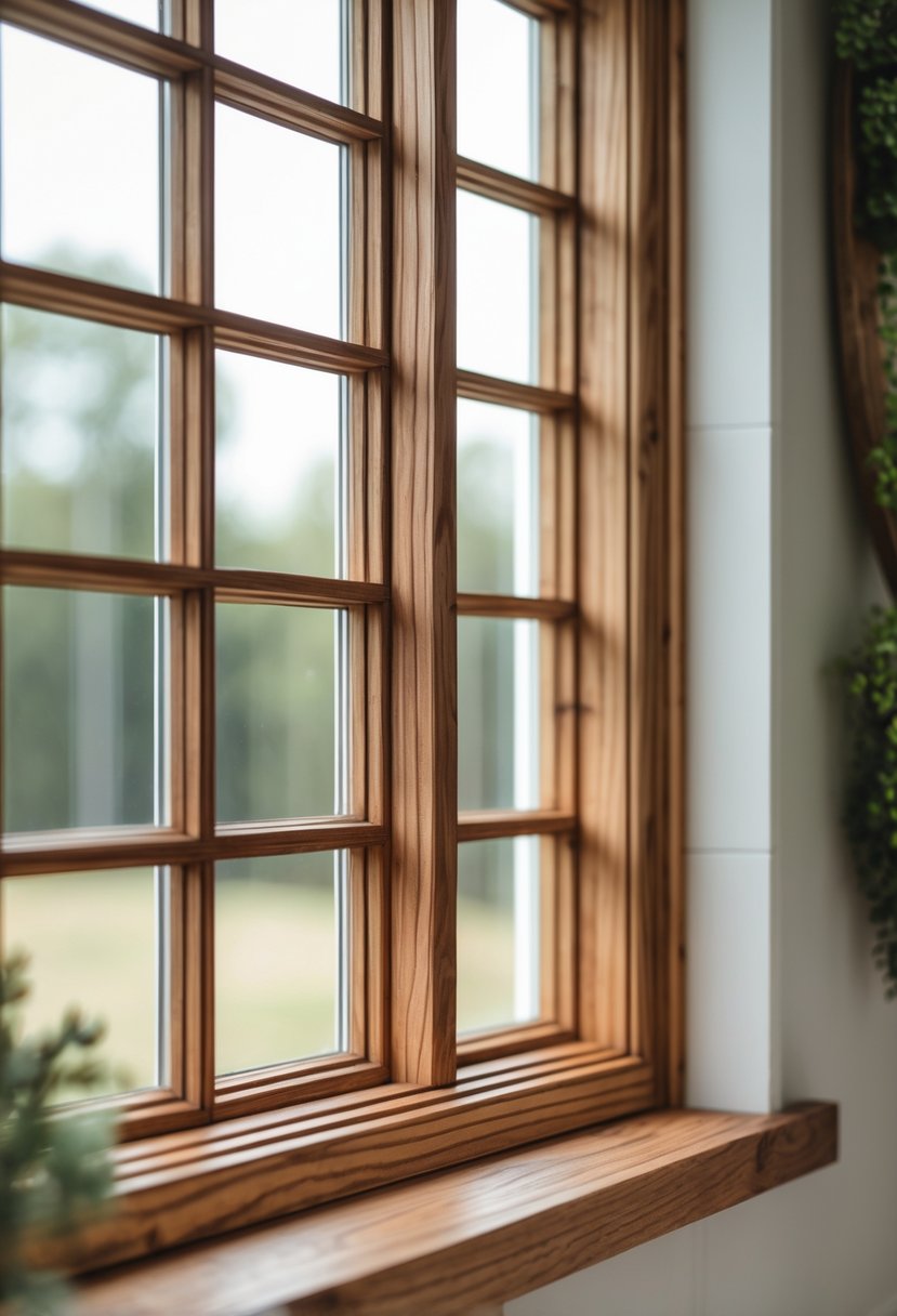 Close-up of a natural wood stained farmhouse window trim with visible wood grain and a 17-pane window.