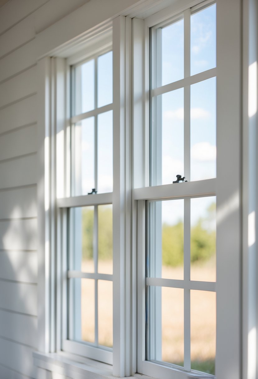 Close-up of a window with white wooden casing and multiple glass panes, surrounded by horizontal wooden siding.