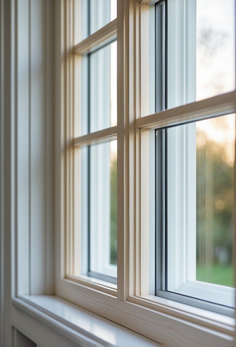 Close-up of a window with wooden trim framing the glass panes.