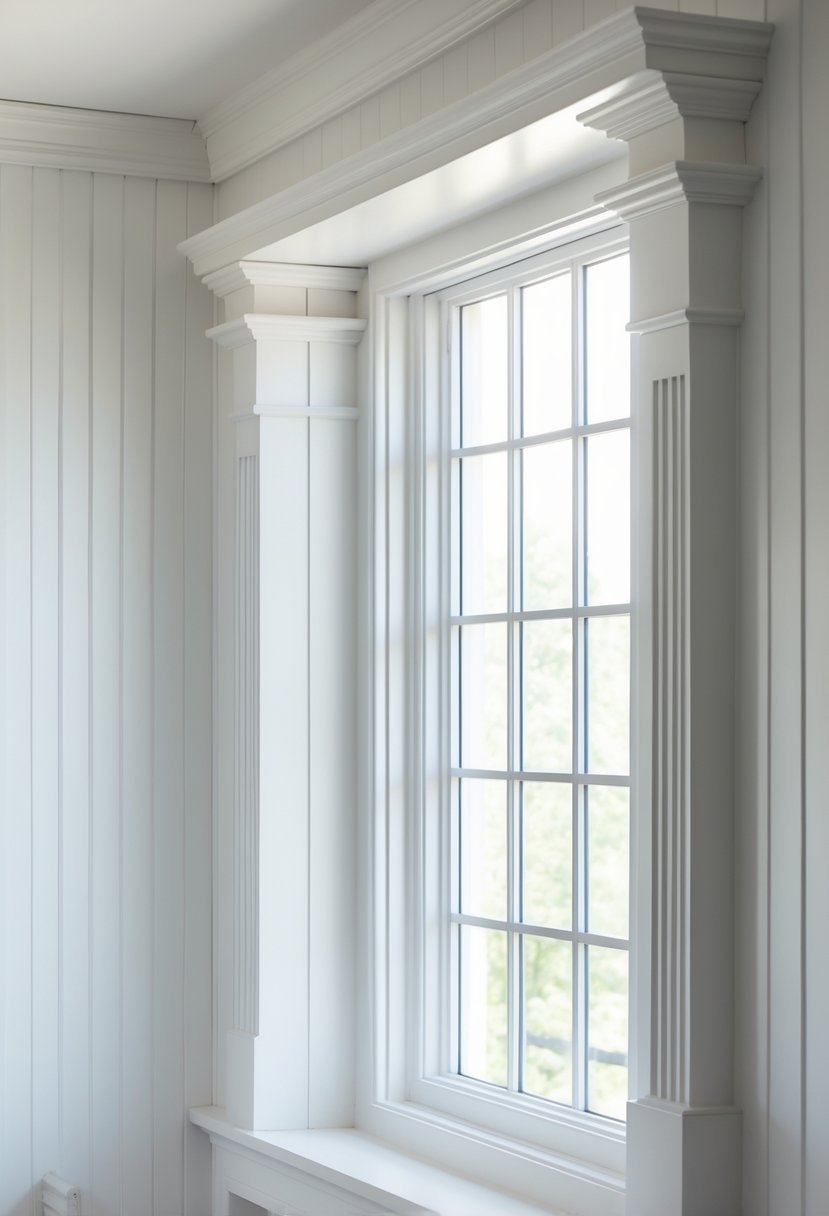 Interior wall with white beadboard paneling and farmhouse-style window trim illuminated by natural light.