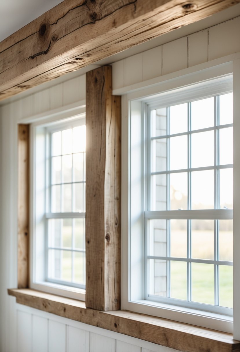 Close-up of a rustic wooden beam above farmhouse-style windows with white window trim.