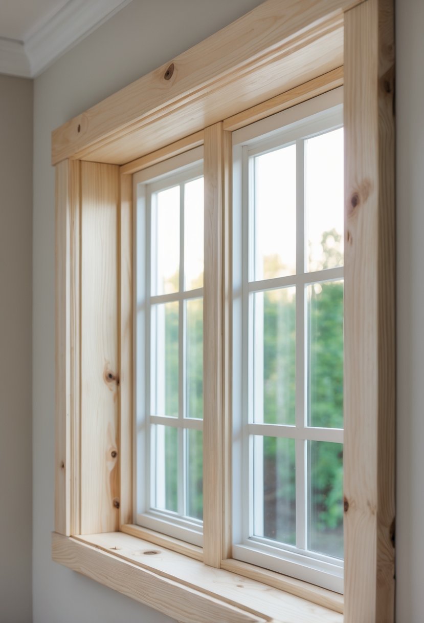 Close-up of a farmhouse window with white wooden trim and mitered corners.