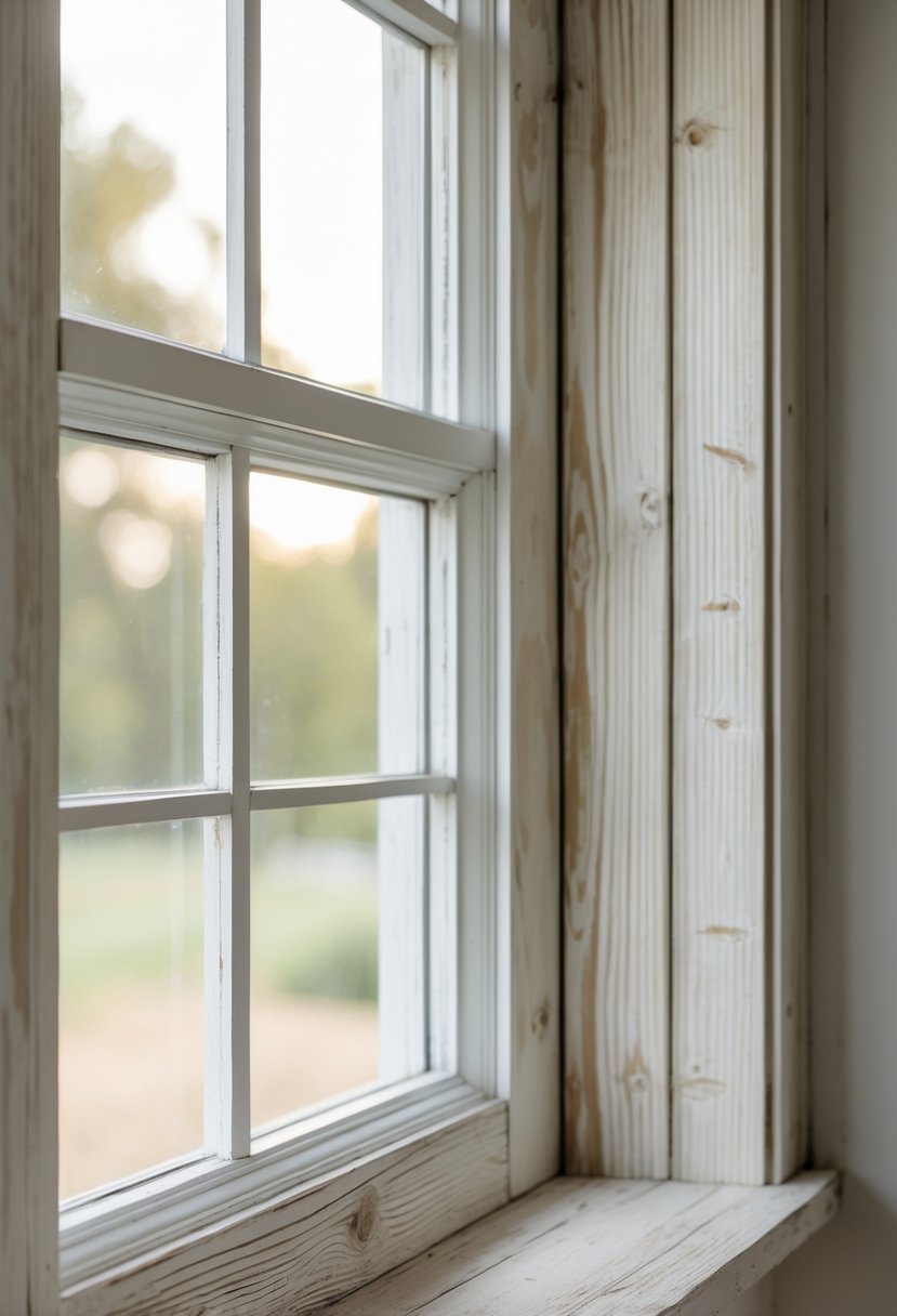 Close-up of a farmhouse window with whitewashed wood trim and glass panes.