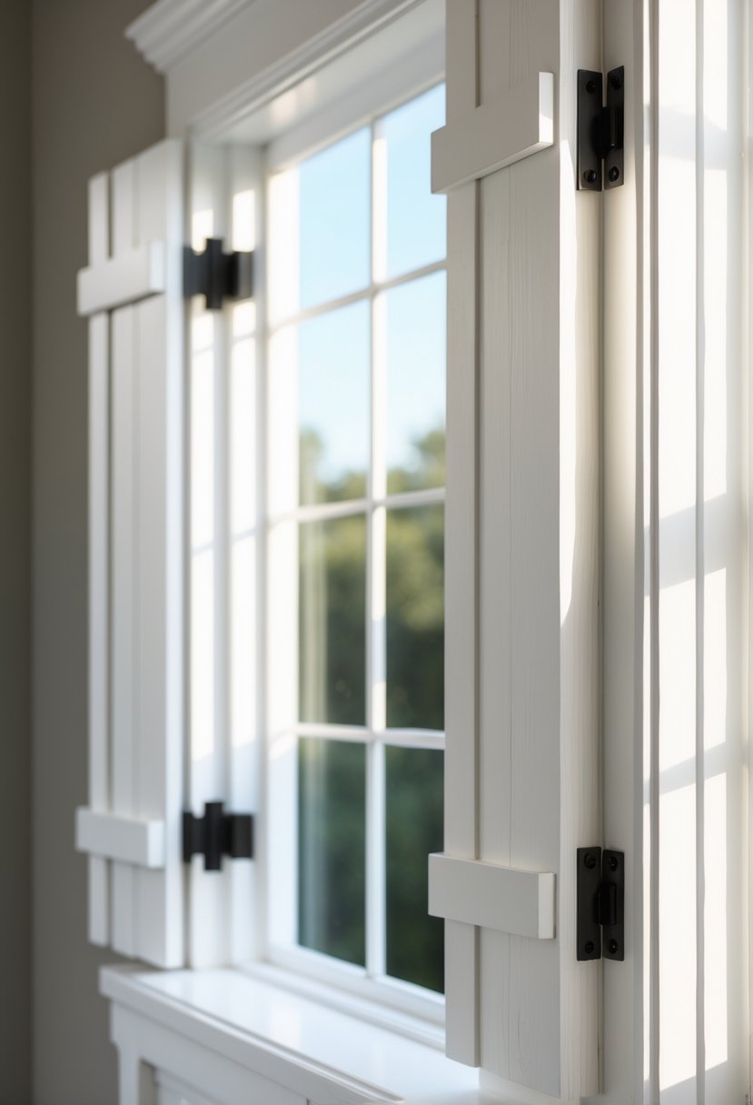 Close-up view of a window with white trim and shutters on both sides.