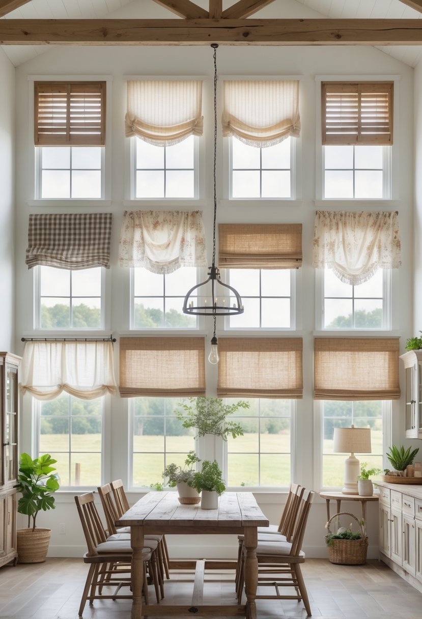 A farmhouse room displaying thirteen different types of window treatments on large windows with natural light coming through.