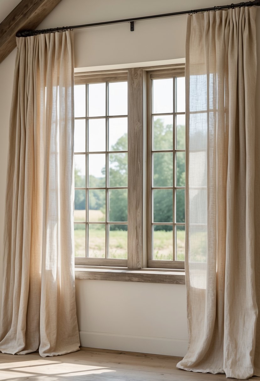 A bright farmhouse window with linen curtains in neutral tones, softly illuminated by natural daylight.