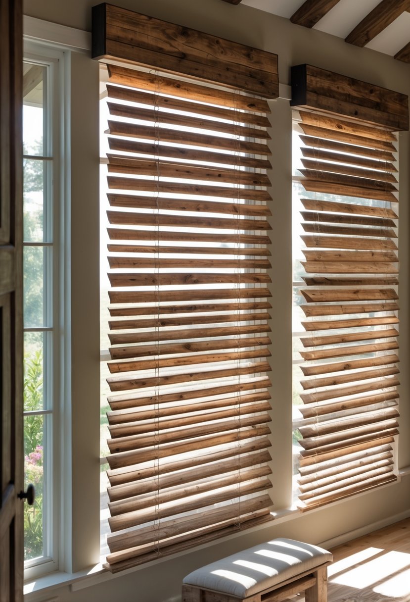 Thirteen wooden blinds with a rustic finish covering farmhouse windows with soft natural light filtering through.