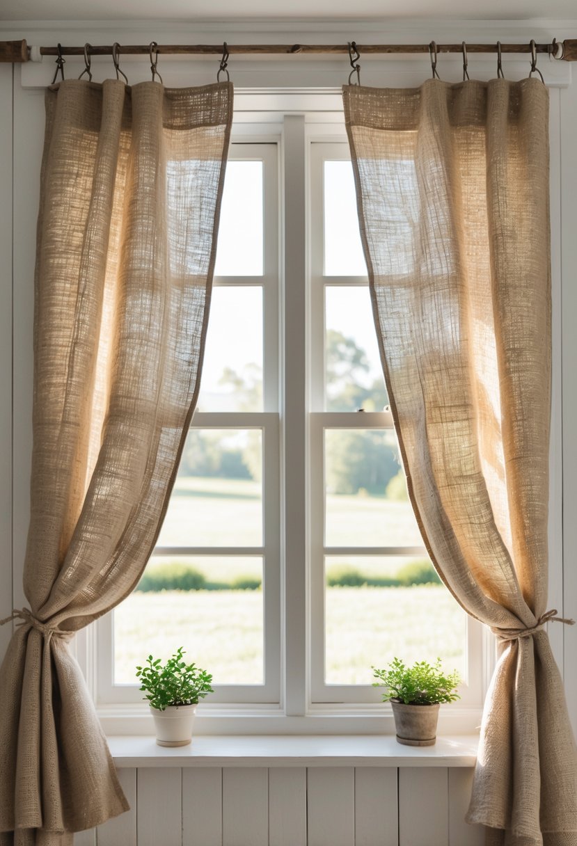 A window with beige burlap fabric drapes hanging on either side, with soft daylight coming through.