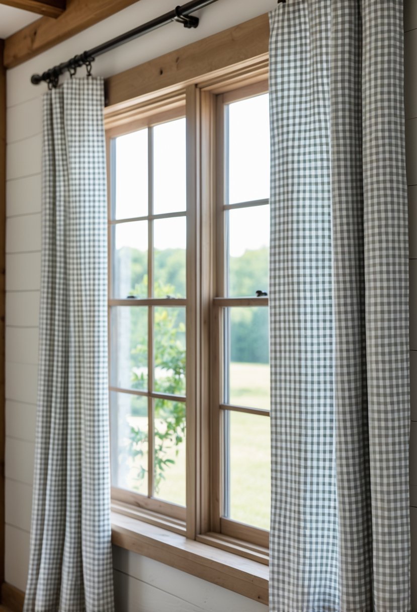 A set of 13 windows with gingham patterned curtains hanging, letting natural light into a cozy room.