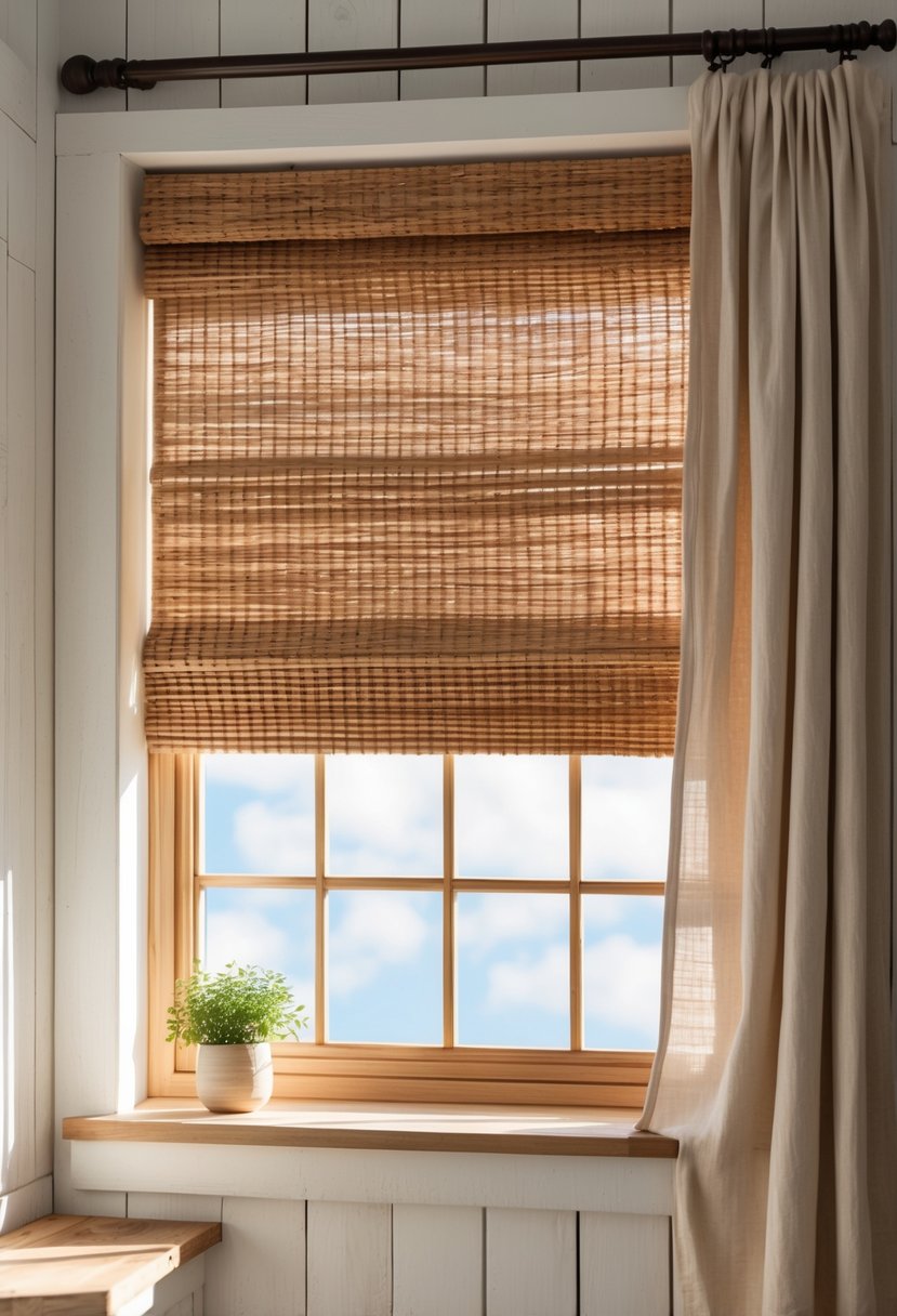 A farmhouse window with woven wood shades allowing soft natural light into a bright room.