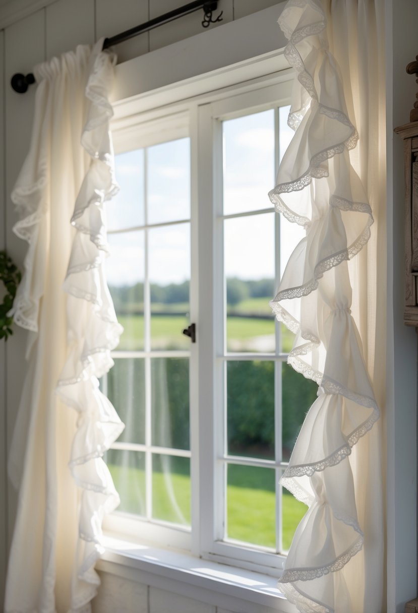 A bright window with white cotton ruffle curtains letting in natural sunlight and a view of greenery outside.