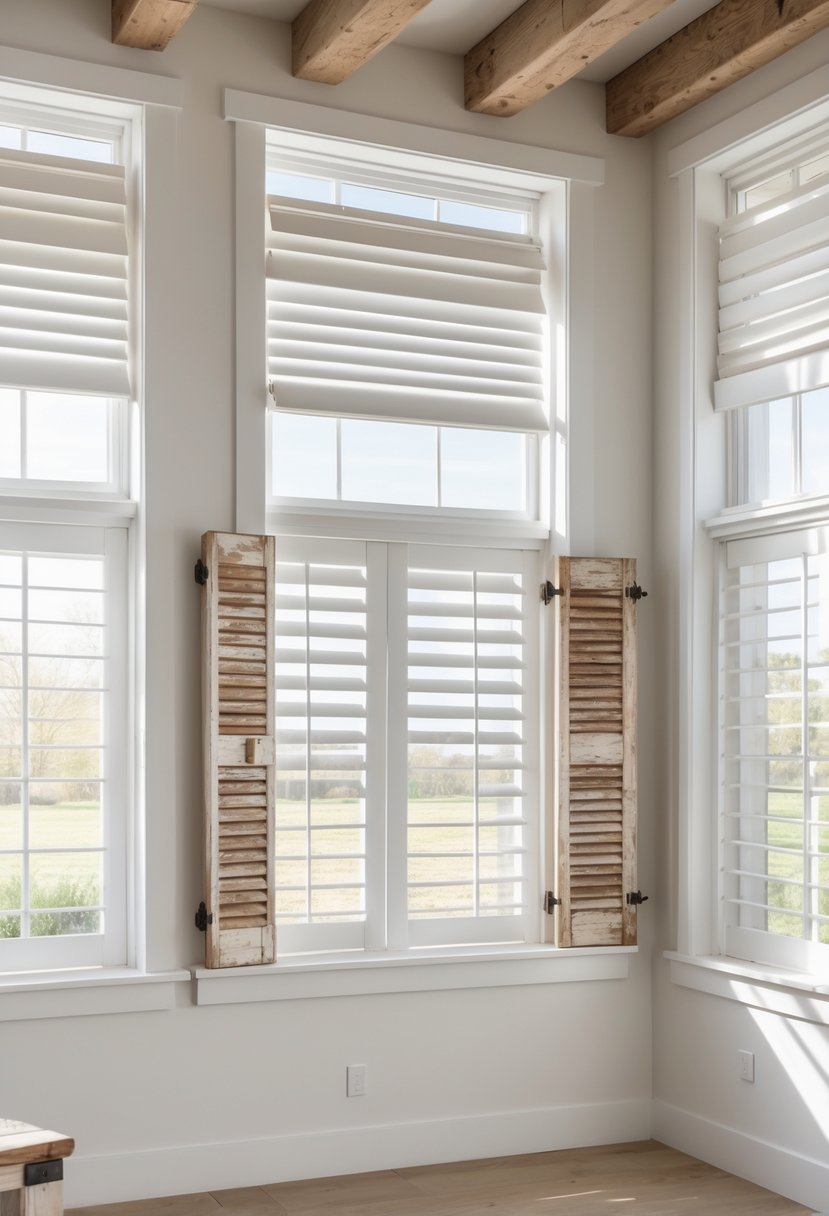 Thirteen windows covered with repurposed wooden shutters inside a farmhouse room with natural light.