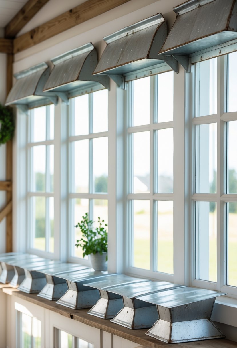 Thirteen galvanized metal cornice boards installed above farmhouse windows in a bright room with rustic decor.