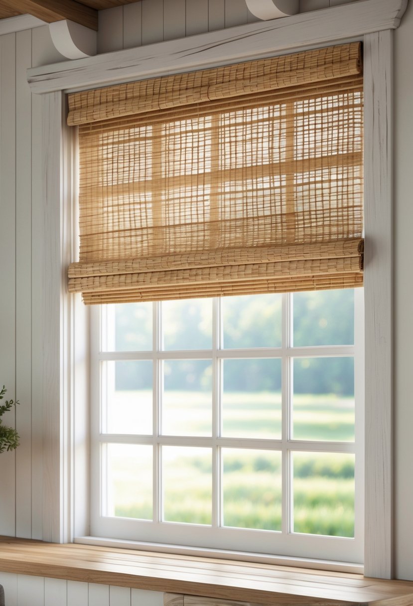 A farmhouse window with natural bamboo shades partially lowered, showing a view of greenery outside.