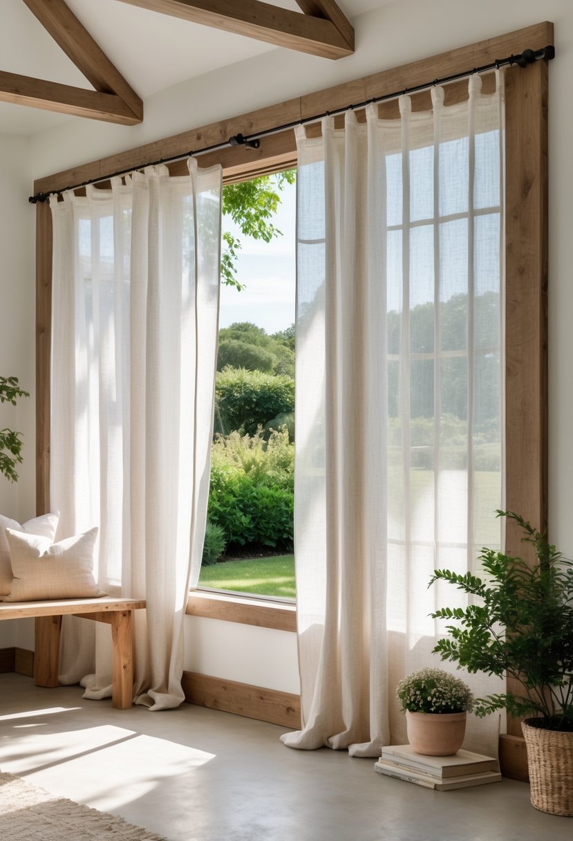 A farmhouse window with 13 sheer linen panels letting in soft natural light, surrounded by rustic wood and simple decor.