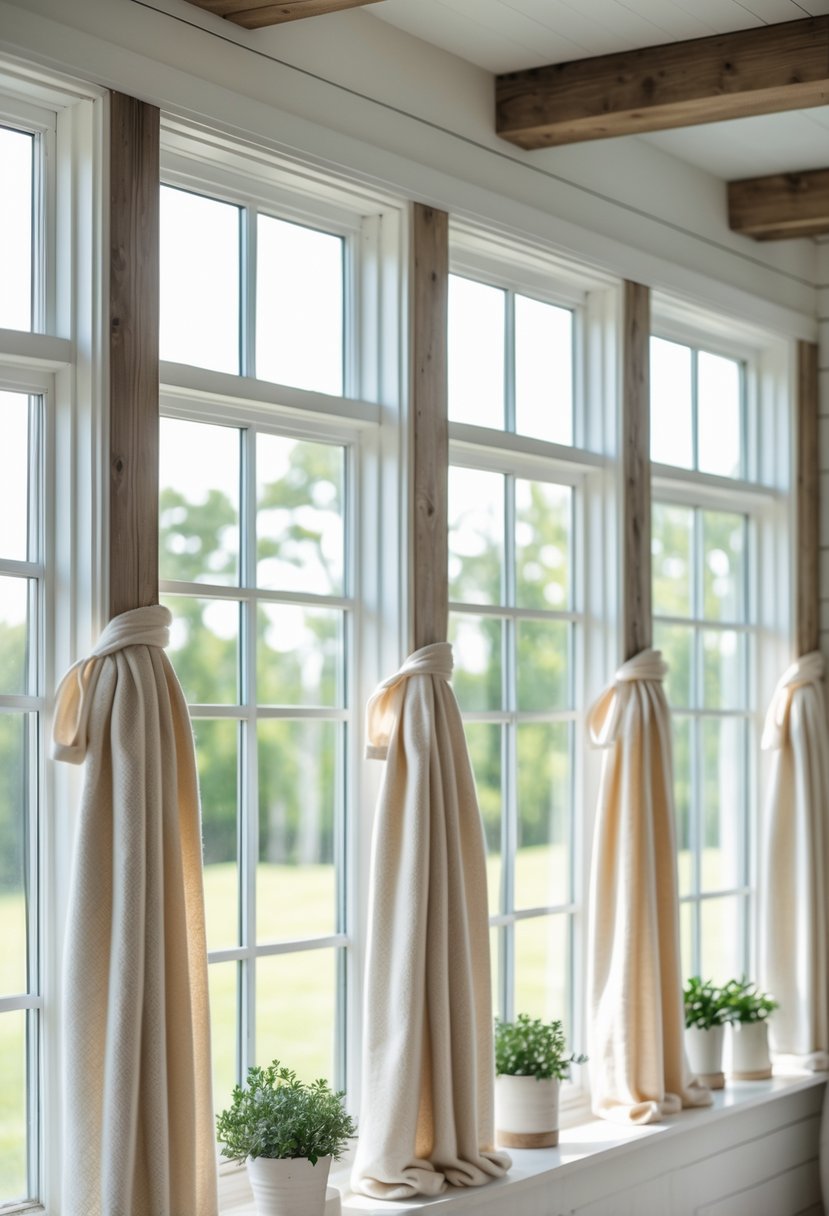 Thirteen farmhouse windows with wool blend drapes in a bright room with wooden frames and natural light.