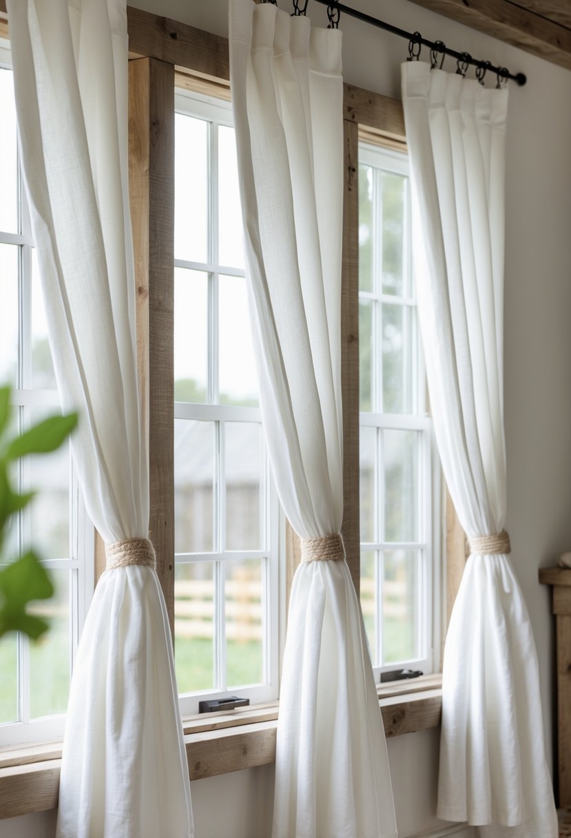Thirteen white cotton curtains hanging on farmhouse windows with natural light coming through.