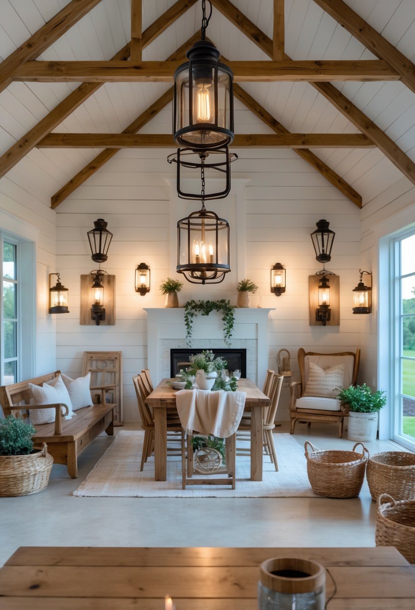 A farmhouse living and dining area with multiple types of hanging and wall lighting fixtures illuminated, highlighting rustic wooden beams and cozy decor.