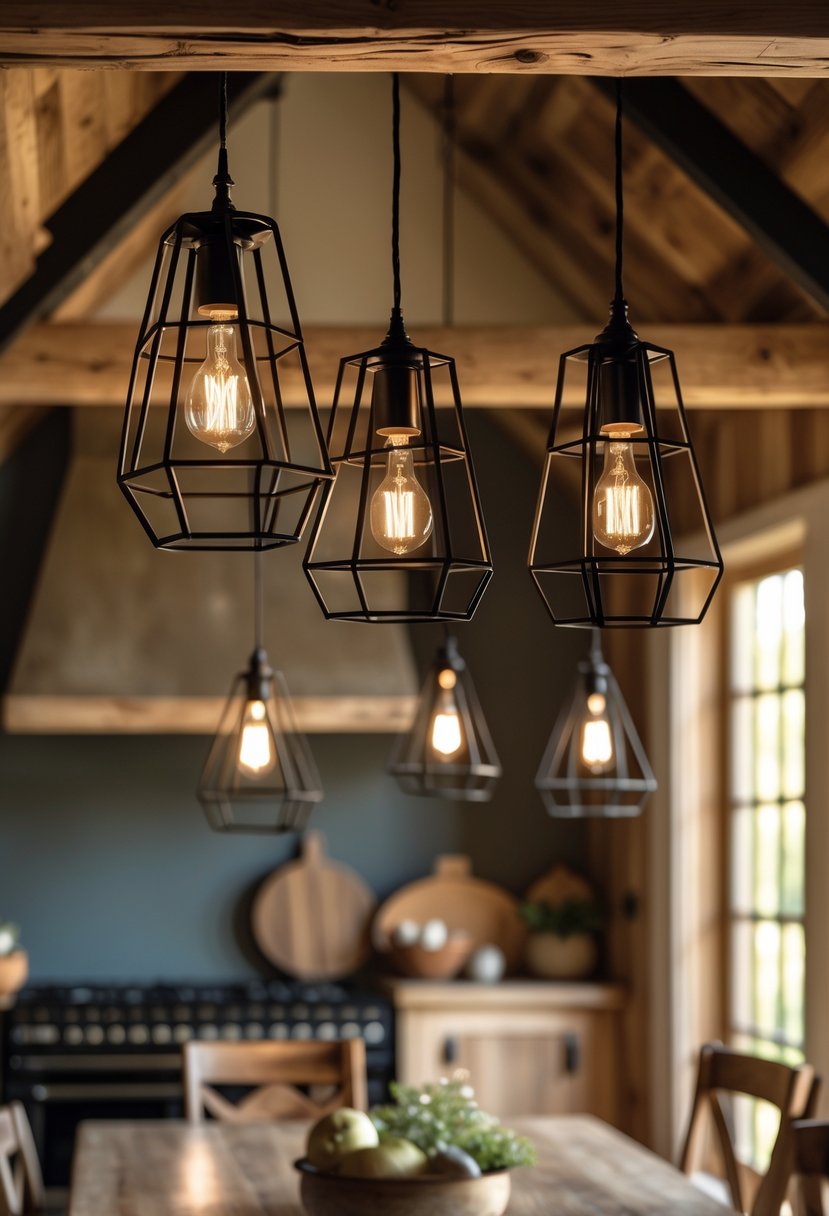 A room with black metal cage pendant lights hanging above a wooden dining table in a farmhouse setting.