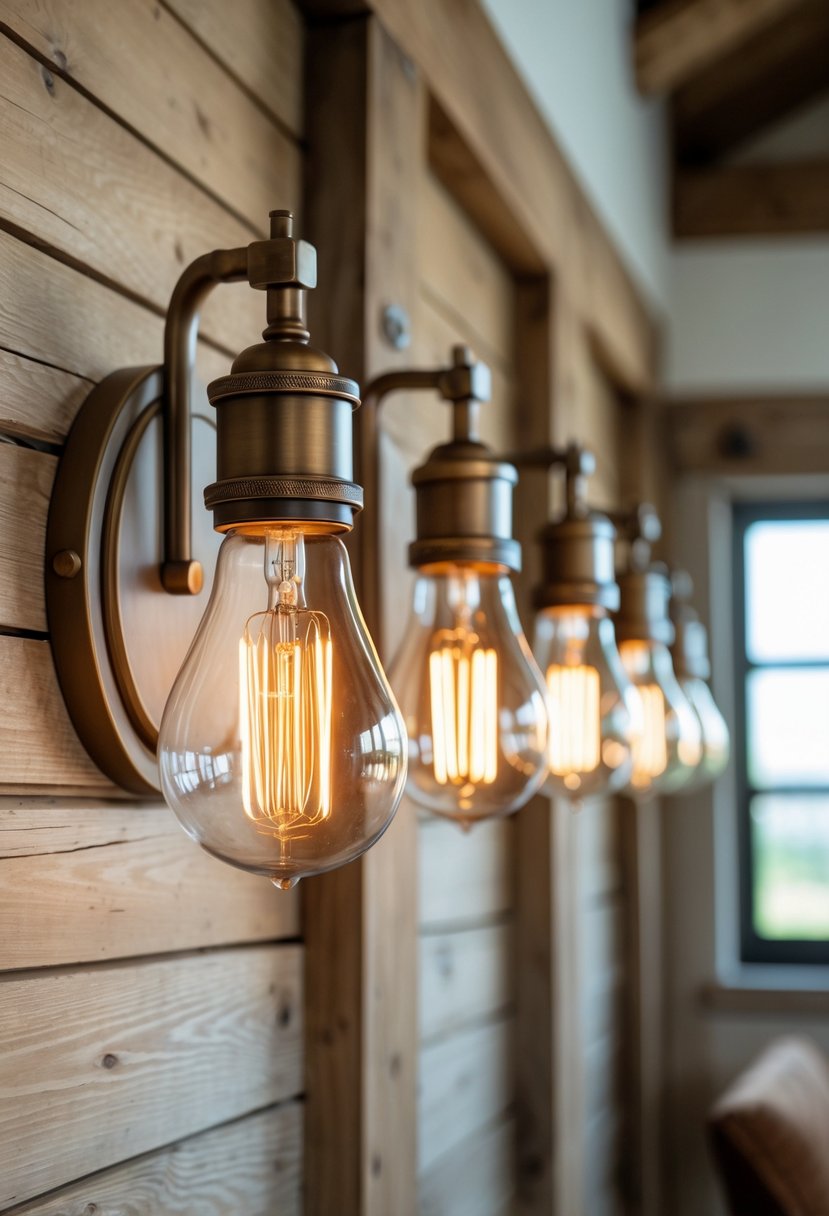 A close-up of bronze wall sconces with glowing Edison bulbs mounted on a wooden wall inside a home.