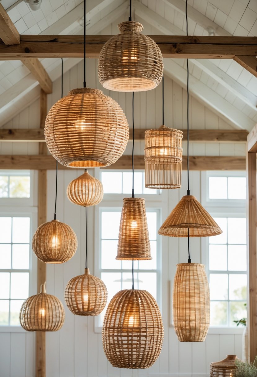 A group of woven natural fiber pendant lights hanging from the ceiling in a bright farmhouse room with wooden beams and white walls.