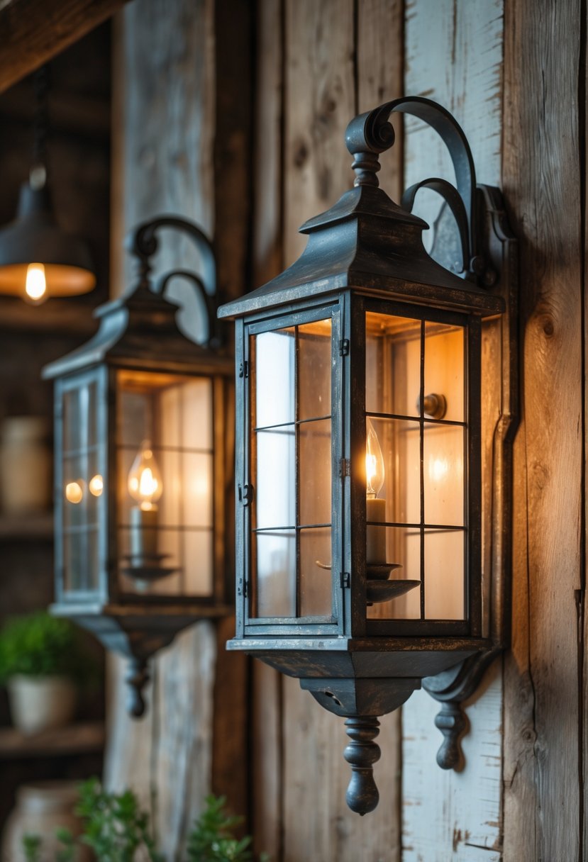 Two lantern wall lights glowing warmly on a wooden wall with farmhouse decor around them.