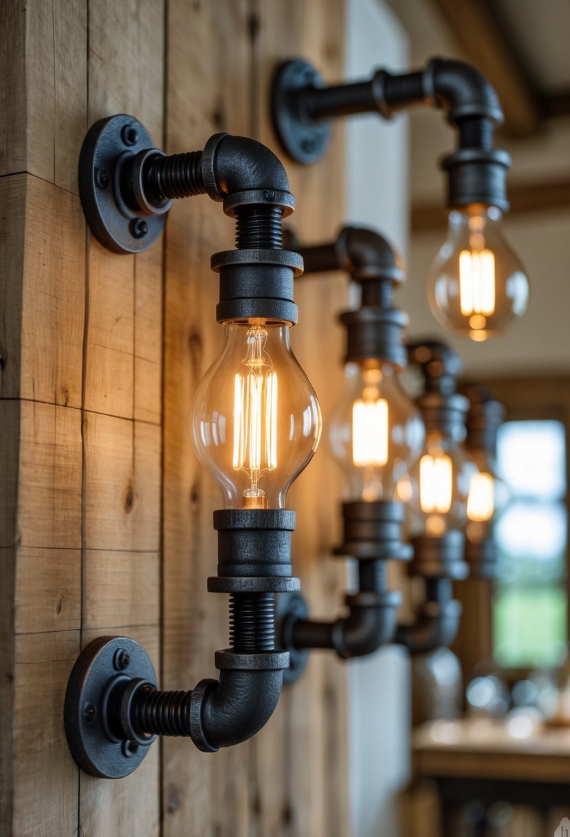 Close-up of industrial pipe wall sconces mounted on a wooden wall, glowing warmly in a cozy interior.