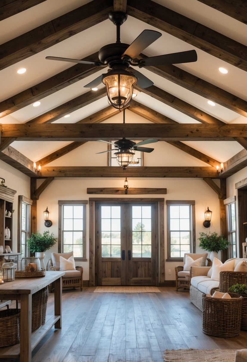 Interior of a farmhouse room with iron ceiling fans that have built-in light fixtures hanging from wooden beams.
