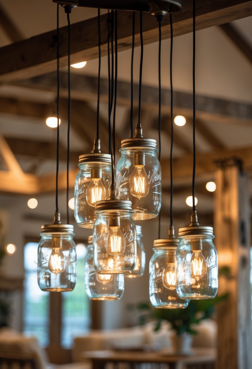 Cluster of hanging mason jar pendant lights glowing warmly in a cozy interior space.