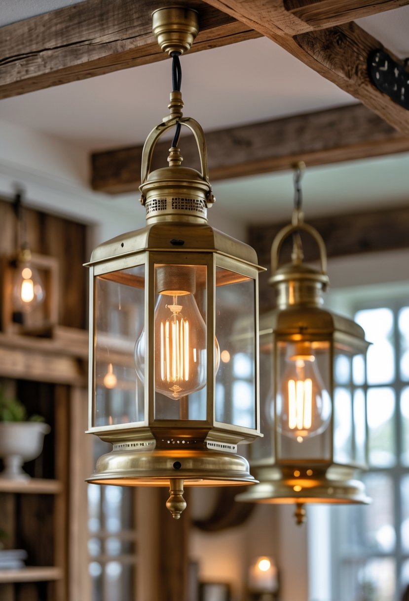 Three antique brass lantern pendant lights hanging from a wooden ceiling beam in a farmhouse interior.