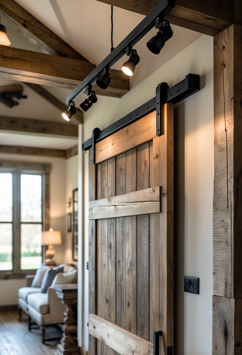 Interior room with a wooden barn door and track lighting mounted above it, casting warm light in a cozy space.