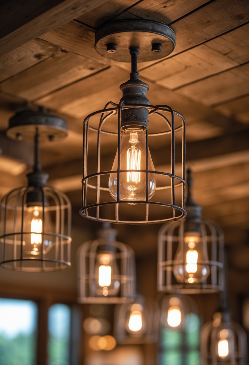 Ceiling with several metal cage flush mount lights emitting warm light in a cozy indoor space.