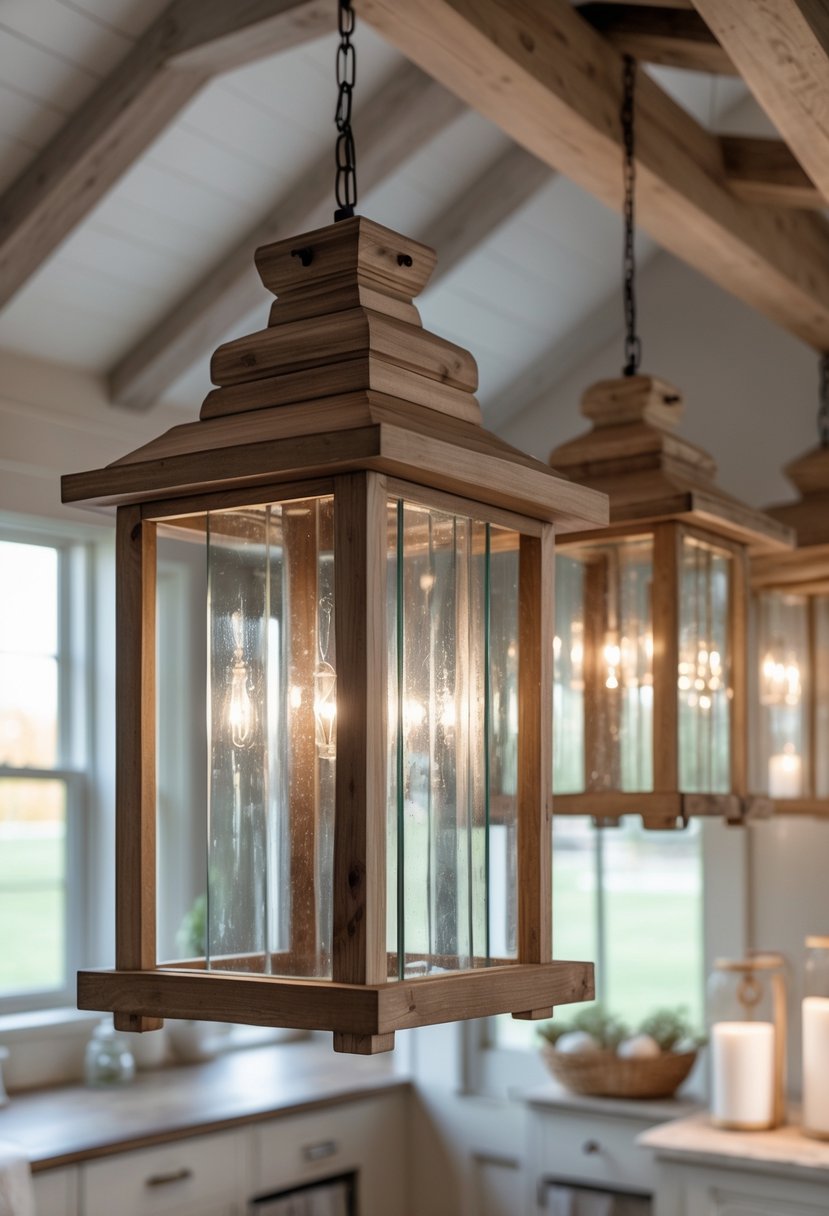 A set of wood and glass lantern pendant lights hanging indoors with a warm glow.