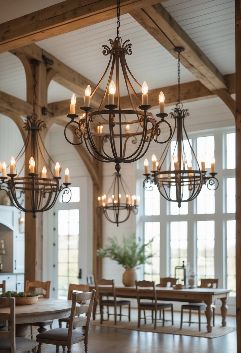 A spacious farmhouse interior with several wrought iron chandeliers hanging from the ceiling above wooden furniture.