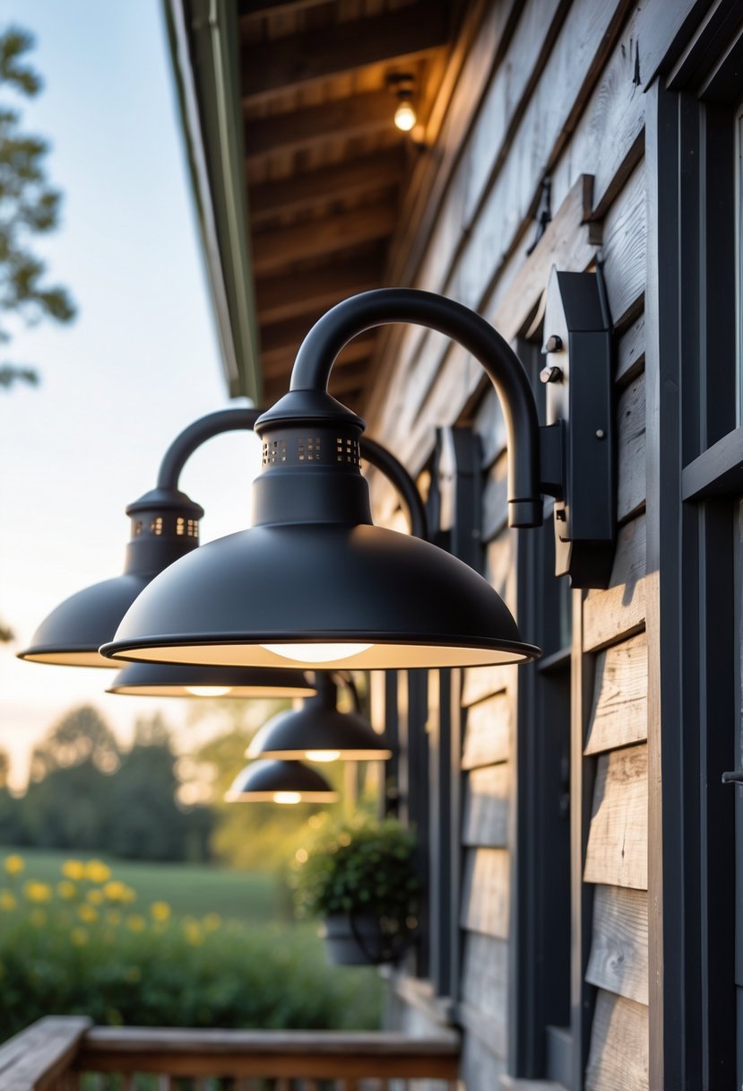 Matte black gooseneck barn lights mounted on a farmhouse exterior wall, illuminating a wooden porch area.
