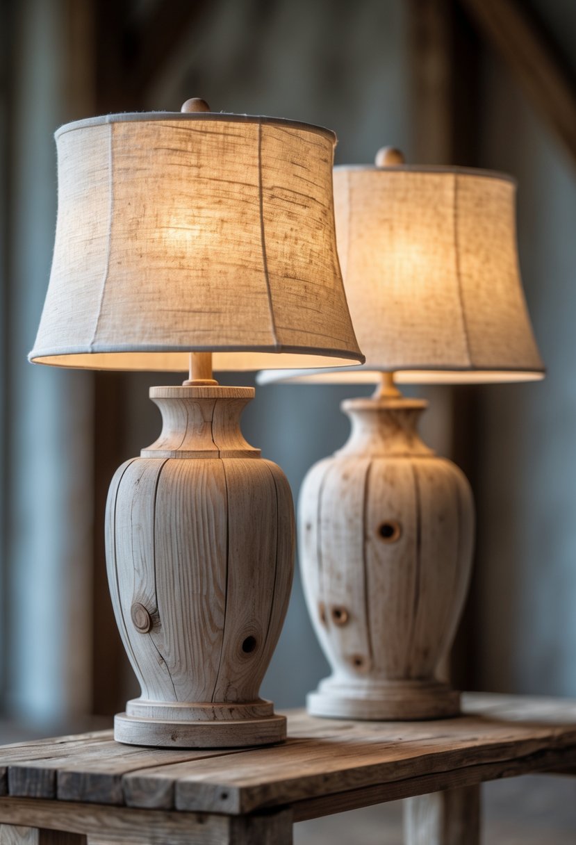 Two weathered wood table lamps with linen shades on a rustic wooden surface.