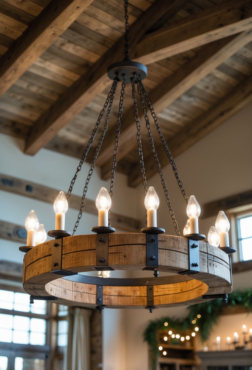 A large wooden chandelier with multiple candle lights hanging from a ceiling in a spacious room.