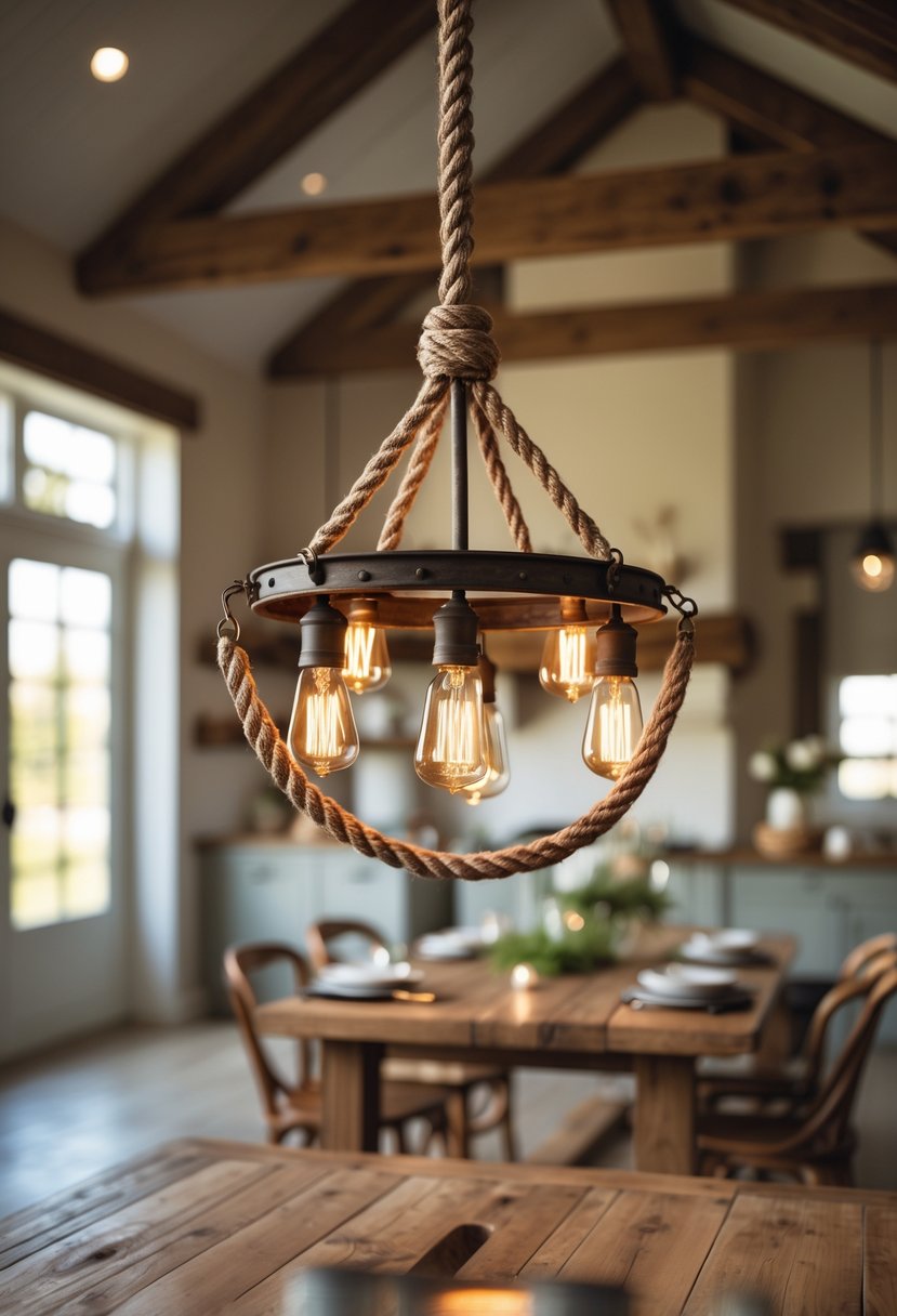 A vintage rope pendant light fixture hanging above a wooden dining table in a farmhouse interior.
