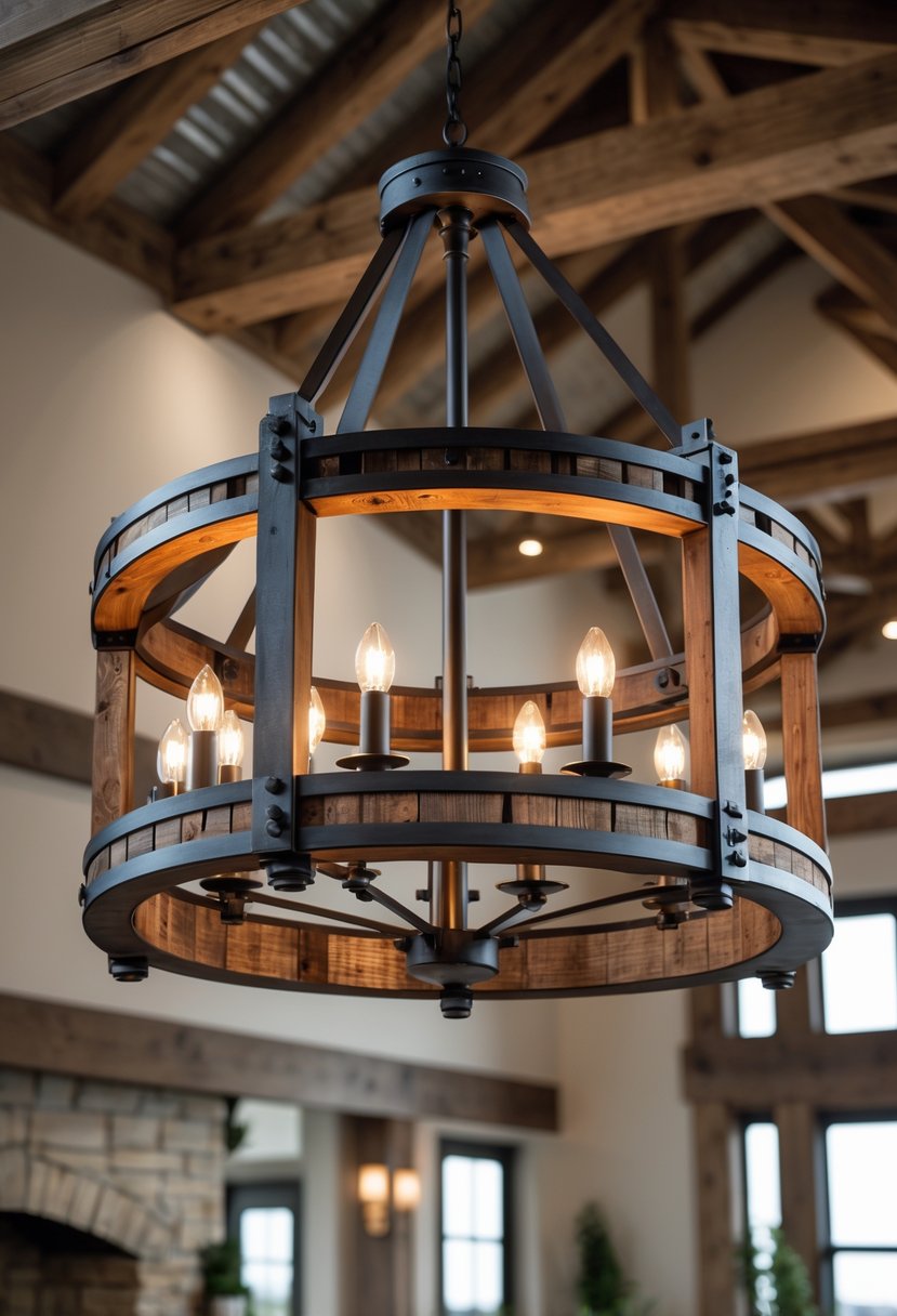 A large metal and wood chandelier hanging from a ceiling in a farmhouse interior with wooden beams and cozy furnishings.