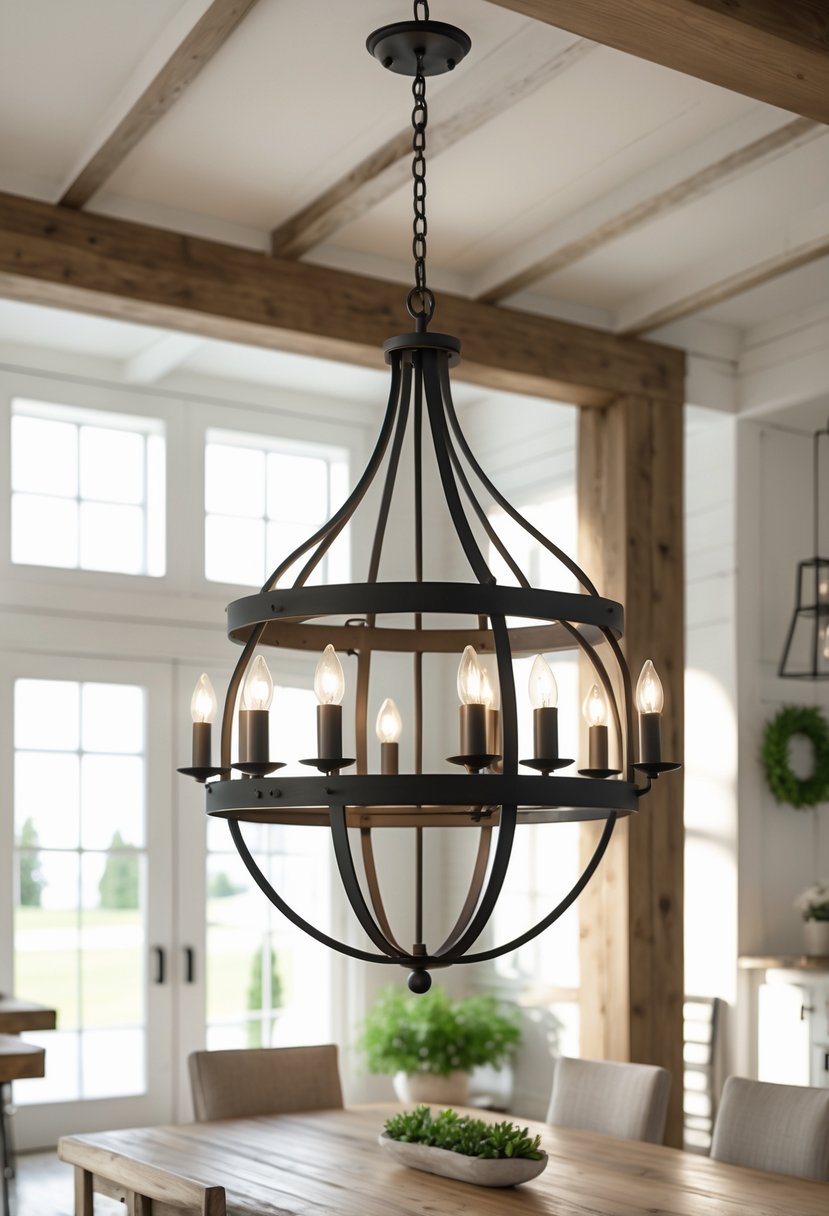 A black iron chandelier with multiple candle-style lights hanging above a wooden dining table in a bright dining room.