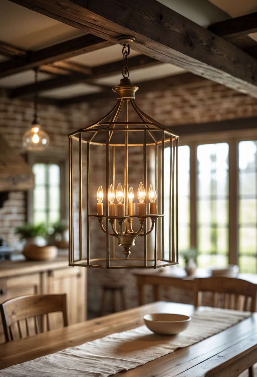 An antique brass cage chandelier hanging above a wooden dining table in a cozy farmhouse room with exposed brick walls and natural light.